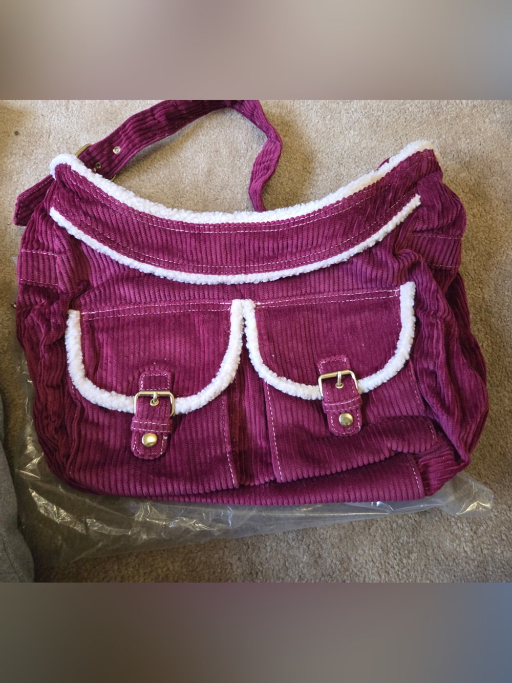 Corduroy Bag with Sherpa Trim - Wine